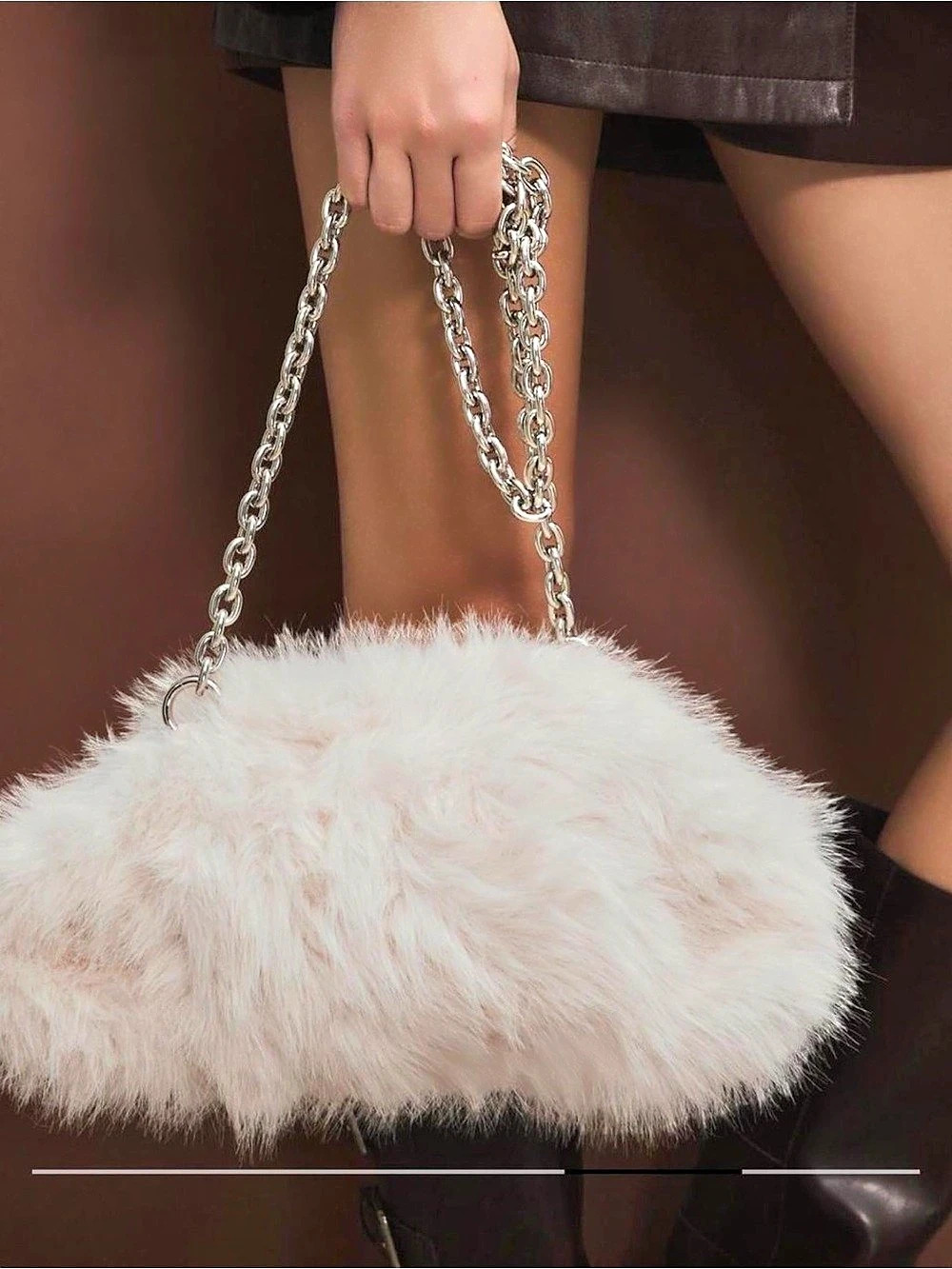 Stradivarius Faux Fur Chain Shoulder Bag in White & Pink Like New